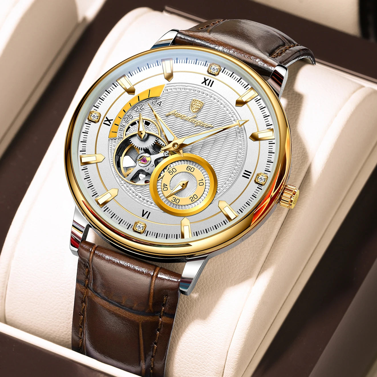 Sports Luxury Men Clock Waterproof Luminous Man Watch Hollow Tourbillon Automatic Mechanical Leather Men'S Watches Male