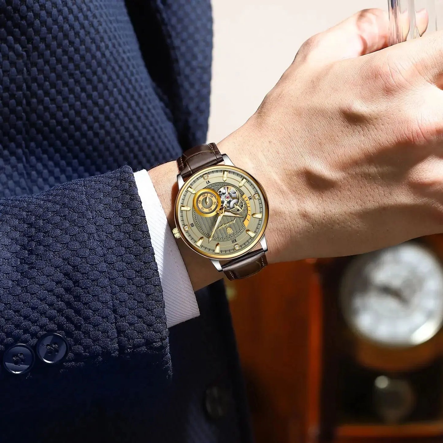 Sports Luxury Men Clock Waterproof Luminous Man Watch Hollow Tourbillon Automatic Mechanical Leather Men'S Watches Male