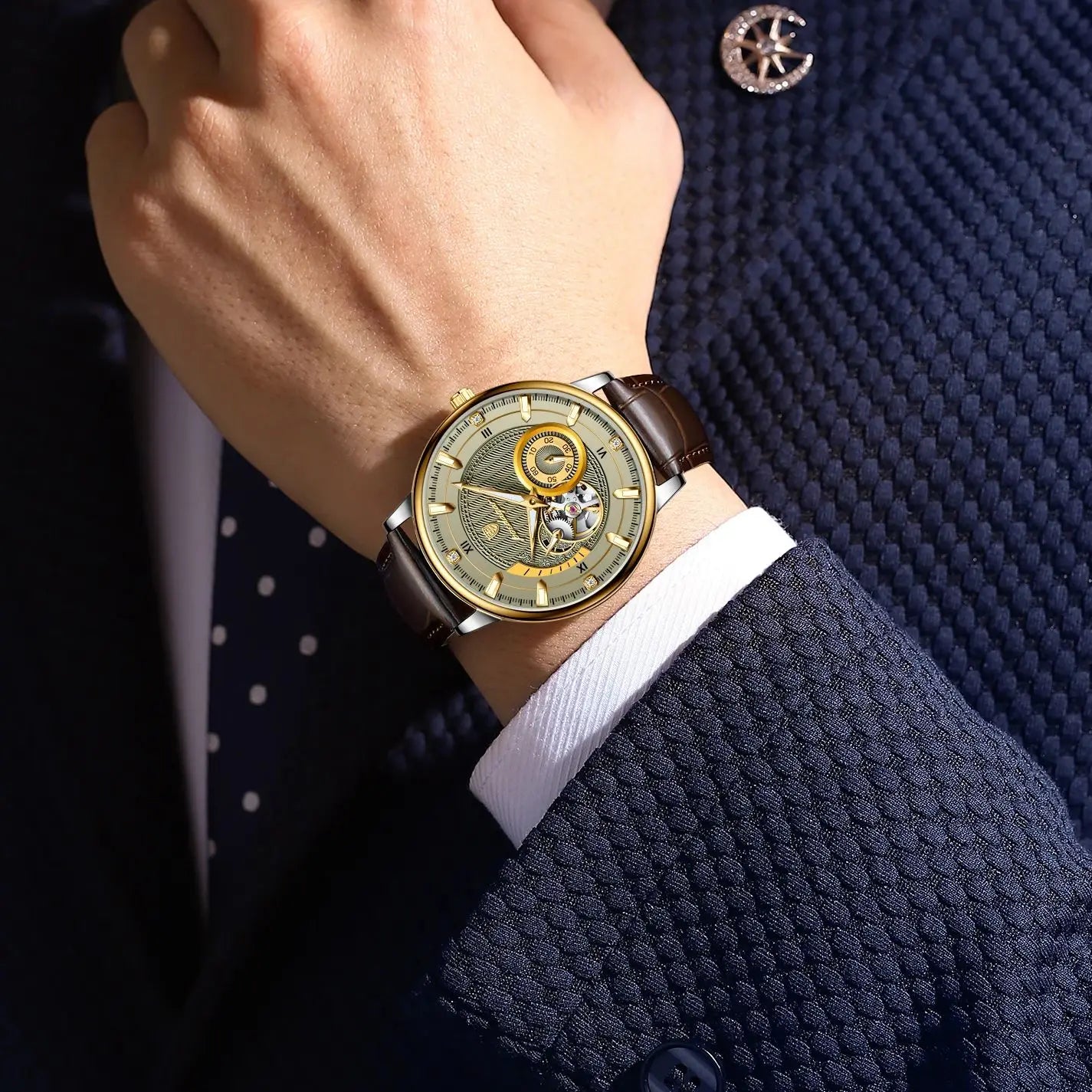 Sports Luxury Men Clock Waterproof Luminous Man Watch Hollow Tourbillon Automatic Mechanical Leather Men'S Watches Male