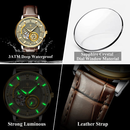 Sports Luxury Men Clock Waterproof Luminous Man Watch Hollow Tourbillon Automatic Mechanical Leather Men'S Watches Male