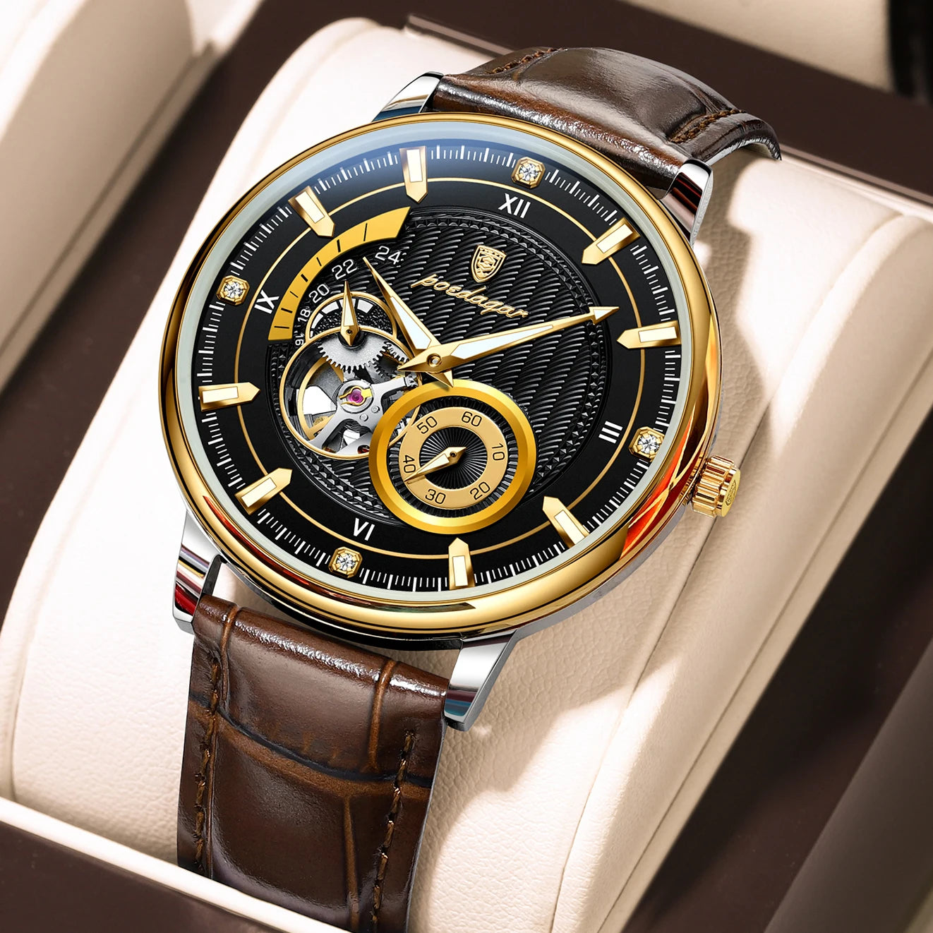 Sports Luxury Men Clock Waterproof Luminous Man Watch Hollow Tourbillon Automatic Mechanical Leather Men'S Watches Male