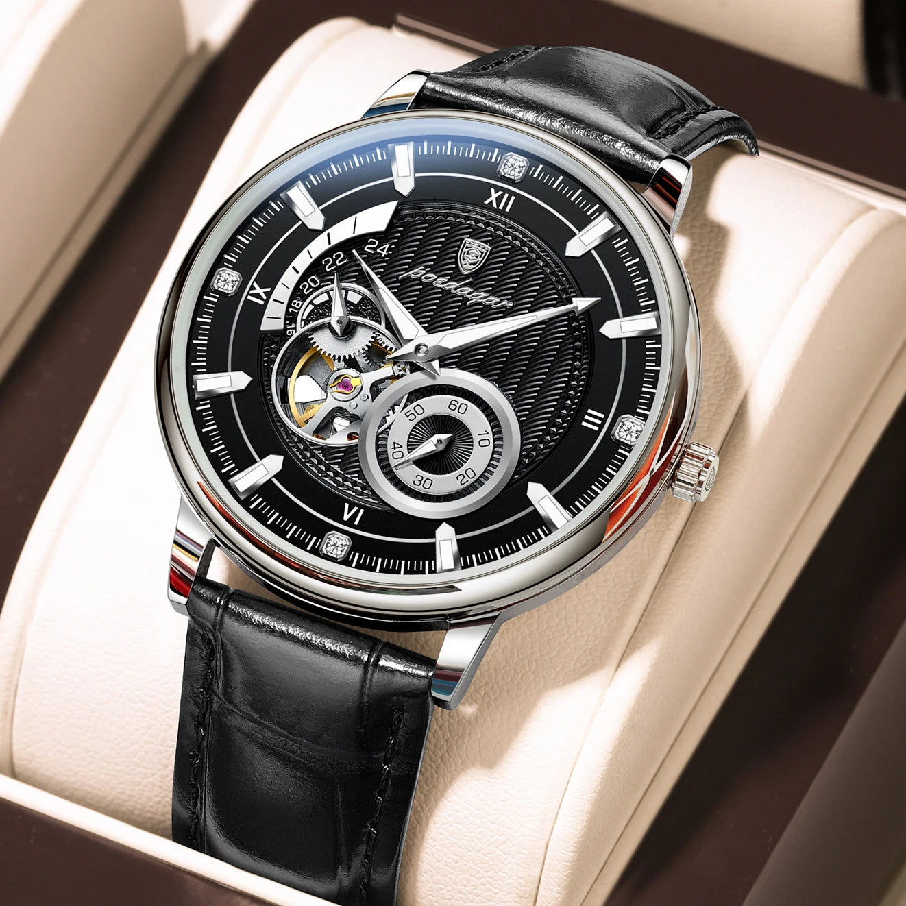 Sports Luxury Men Clock Waterproof Luminous Man Watch Hollow Tourbillon Automatic Mechanical Leather Men'S Watches Male